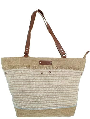 Bolsa de compras a rayas blancas y beige Le voyage en panier