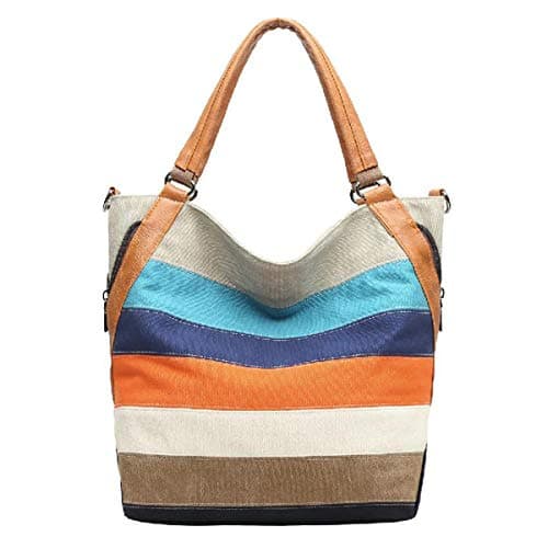 Bolsa de lona a rayas con espíritu retro y vintage con asas de aspecto de cuero