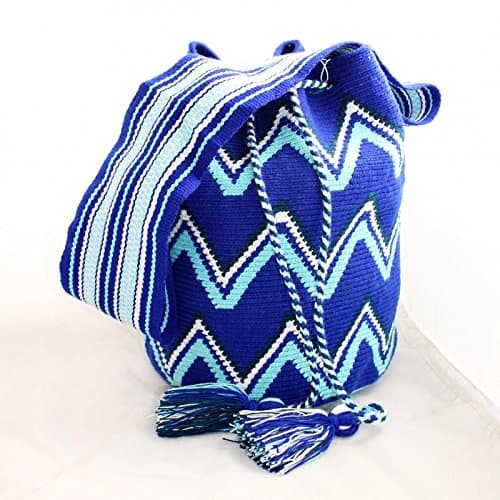 Bolso Wayuu colombiano, hecho a mano con motivos tribales, azul