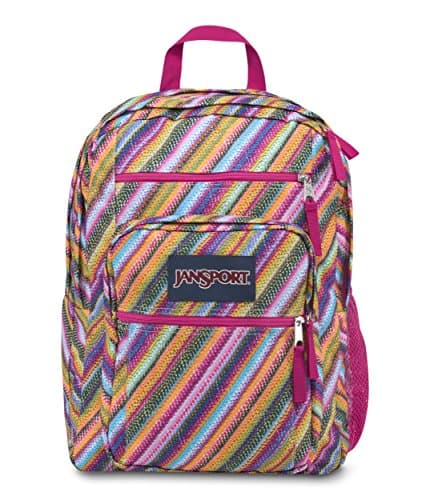 Mochila Jansport con rayas de colores en un ángulo