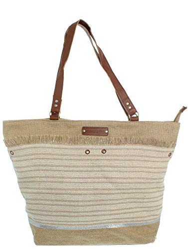 Bolsa de compras a rayas blancas y beige Le voyage en panier