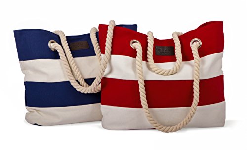 Bolsa de compras de lona de algodón 100% a rayas con cuerda Tombrook roja o azul en color azul marino.