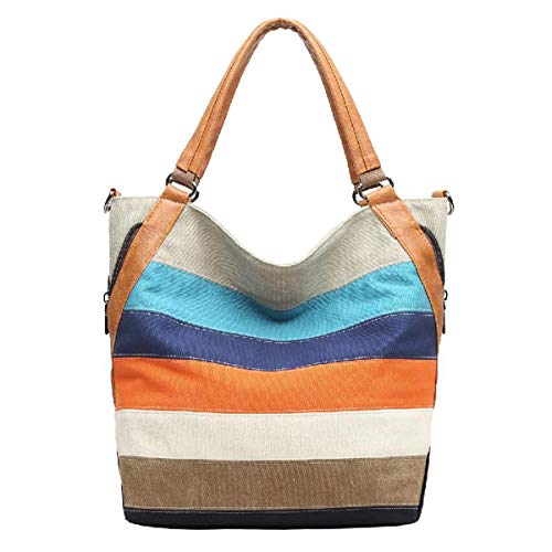 Bolsa de lona a rayas con espíritu retro y vintage con asas de aspecto de cuero