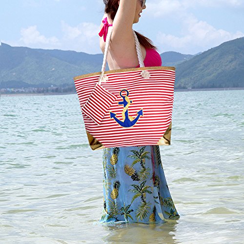 Bolsa de playa Anchor, raya roja con detalles dorados y grandes asas de cuerda