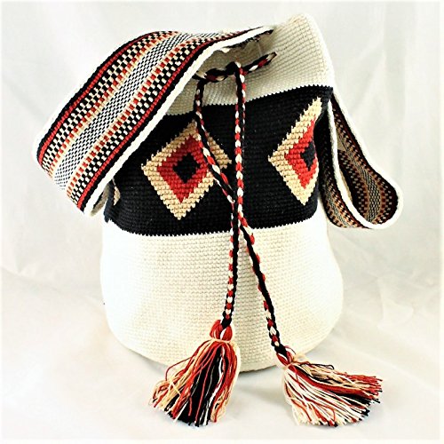 Bolso colombiano Wayuu hecho a mano con motivos tribales, en blanco y negro