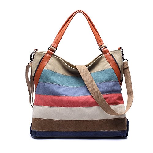 Bolso de lona a rayas multicolor de gran capacidad de estilo urbano casual para mujeres