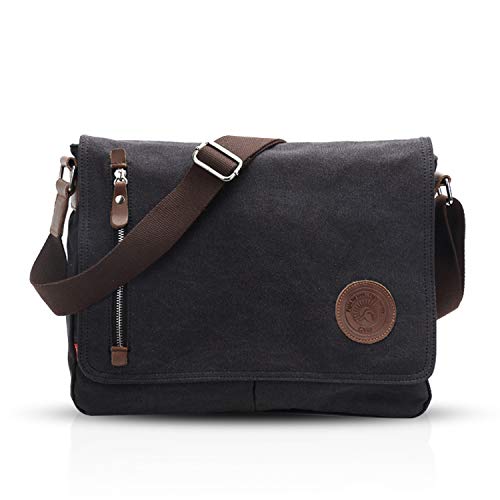 bolso de mensajería de 14 pulgadas de lona negra, estilo elegante