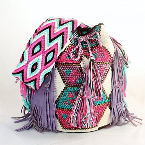 Bolso Wayuu colombiano hecho a mano con motivos tribales, púrpura y colorido