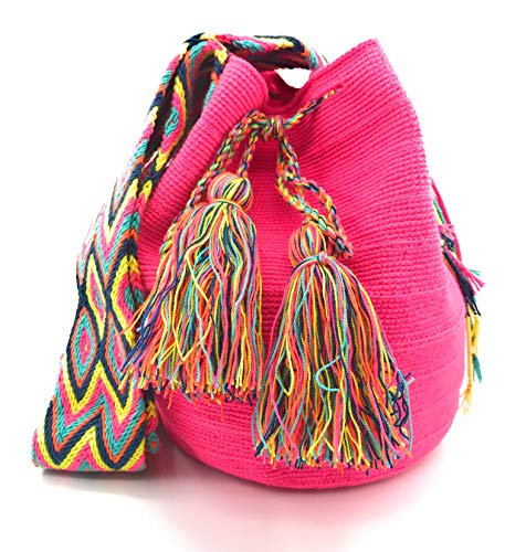 Bolso Wayuu colombiano hecho a mano con motivos tribales, Rosa y colorido