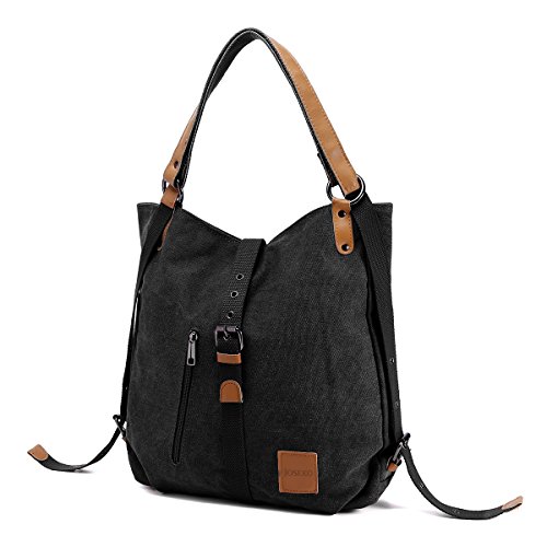 Elegante bolso de lona negra y cuero para trabajar.