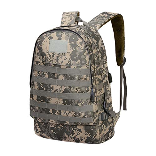 Gran mochila militar de camuflaje verde y beige pixelada para hombres con recarga USB