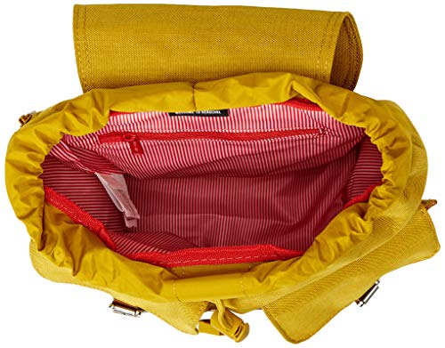 Limpio interior de la mochila vintage Herschel amarillo mostaza con correas de cuero y bolsillos gemelos.