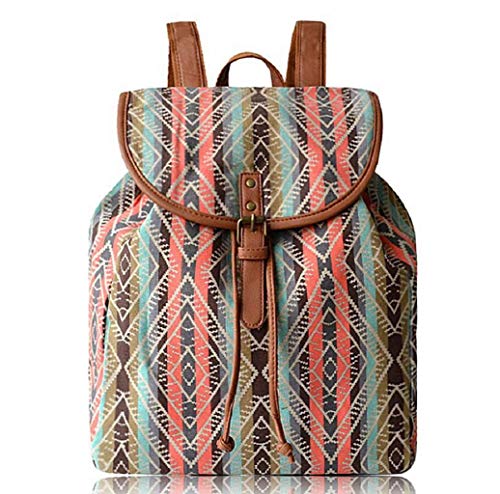 Mochila de lona a rayas de estilo vintage en lona de PU y cuero con estampado geométrico.