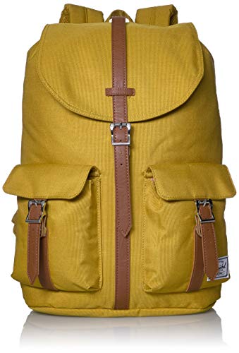 Mochila Herschel vintage amarillo mostaza con correas de cuero y dos bolsillos de 23,5 litros de capacidad.