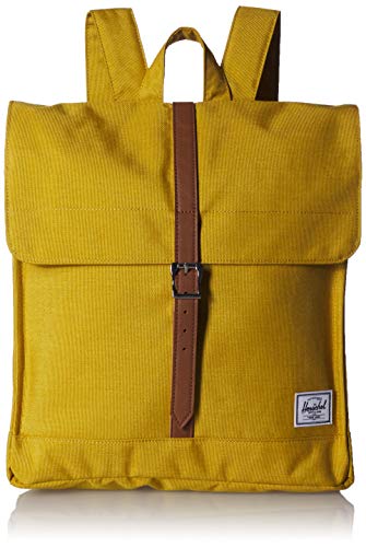 Mochila vintage Herschel amarillo mostaza con correa de cuero 